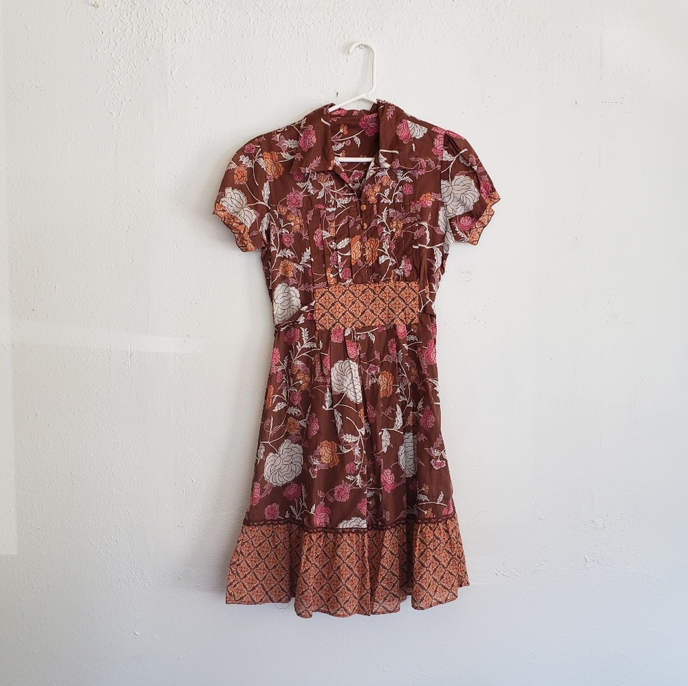 Nolita Pink & Brown Floral Plaid Boho Gypsy Dress NWT